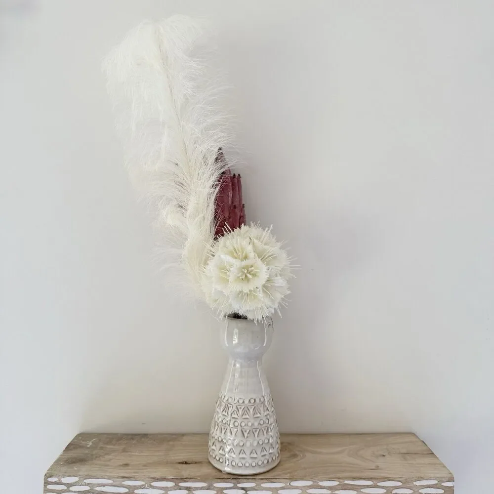 Handmade Faux Floral Island Lady Tall Arrangement Protea, Ball Flower, Feather